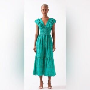 ✨‎ NWT Celina Moon Nadia Midi Dress Green Eyelet Smocked Waist Small